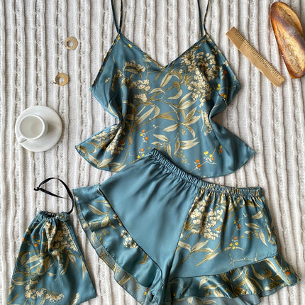 Elegant Floral Print Cami Tops   Ruffle Hem Shorts Pajama Set  Women's Sleepwear   Loungewear