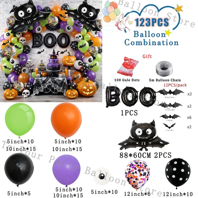 Halloween Bat Balloon Garland Arch Kit Black Orange Ballon 3D Bat Spider Sticker Eye Pumpkin Halloween Party Decoration Supplies
