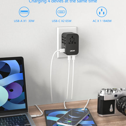 LENCENT 65W/100W GaN International Travel Adapter with 2USB 3 Type C GaN Fast Charging Adapter with EU AU US UK Plug for Travel