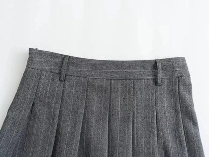 TRAF 2024 Spring Women Fashion Grey 2 Piece Sets Woman Pinstripes Pockets Slim Blazer Coat + Zipper Versatile Female Mini Skirts