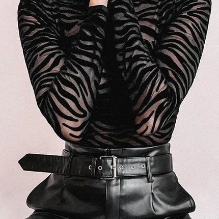 Black Mesh Transparent Sexy Bodysuit Long Sleeve Slim Skinny Stripe Mock Neck Casual Rompers Women Lady Party Club Body