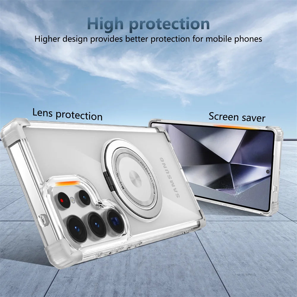 Rotating Magnetic Folding Stand Transparent Phone Case for Samsung S25 Edge S24 S23 Plus FE S21 Ultra Armor Shockproof Cover