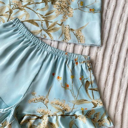 Elegant Floral Print Cami Tops   Ruffle Hem Shorts Pajama Set  Women's Sleepwear   Loungewear