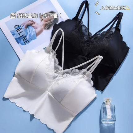 French Lace Beautiful Back Bra Fixed All-in-one Cup Comfortable and Push-up Traceless Wire-free Breast-retracting Sexy Sling