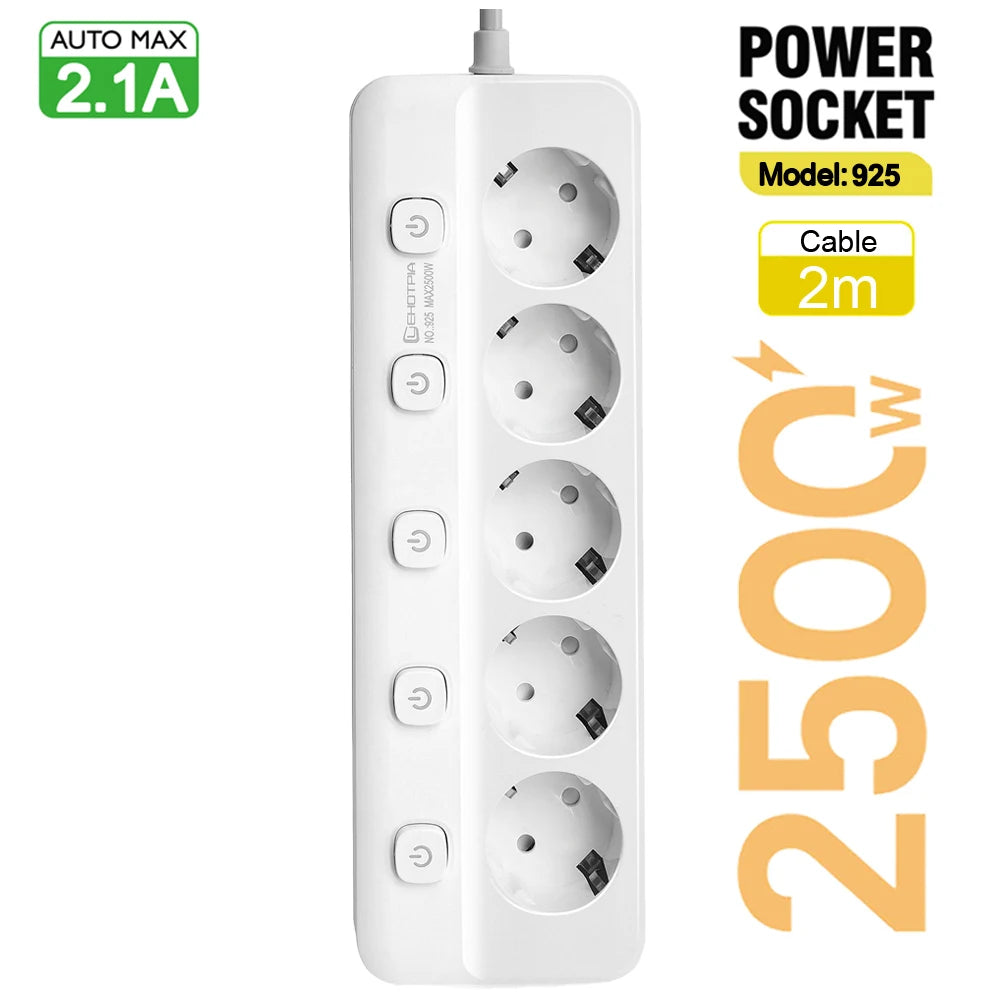 Power Strip EU Plug AC Outlets Multitap Socket Extension Cord Electrical Independent control switch Network Filter Adapter