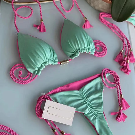 New Women Bikini Backless Rope Triangle Swimsuit Multicolor
