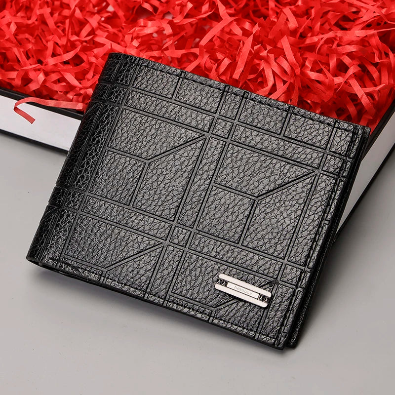 Men's Checkered PU Leather Wallet - Multi Card Slot, Business Style, Solid Color, Ideal Gift for Men