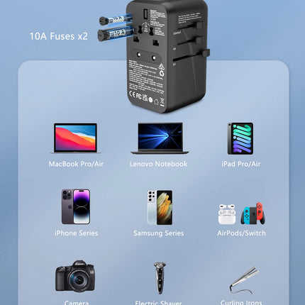 LENCENT 65W/100W GaN International Travel Adapter with 2USB 3 Type C GaN Fast Charging Adapter with EU AU US UK Plug for Travel