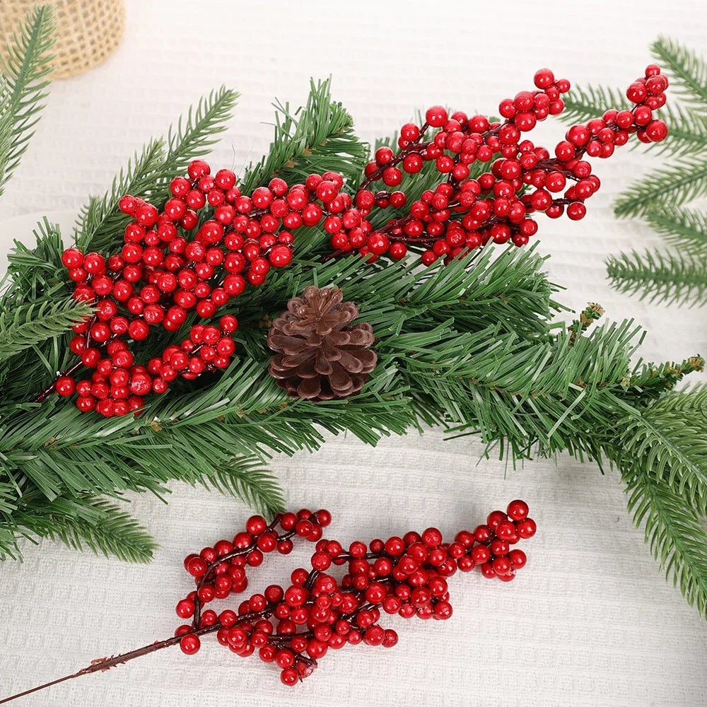 50/1branch Christmas Artificial Berries Stem Red Holly Berry Fake Flowers Plant for Xmas Tree New Year Party Home Decor Ornament
