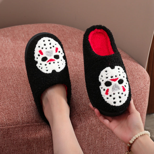 A Pair of Black Halloween Horror Mask Skull Pattern Embroider Plush Home Thick-Soled Comfortable Fur Slippers Personalized Warm Non-Slip Indoor Slippers Autumn and Winter Gifts for Men and Women Can Wear