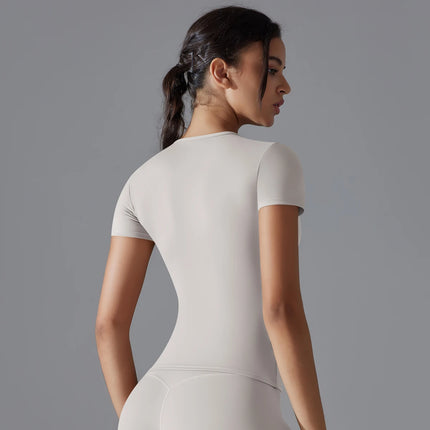 Women Running Sports T Shirt Summer Short Sleeve Round Neck Breathable Stretchy GYM Yoga Slim Fitness Active Top Tee