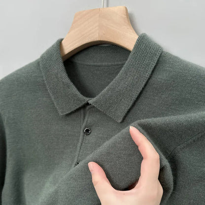 Autumn and Winter New Warm Soft Pullover Men's Business Lapel Knitwear Casual Solid Color Long Sleeve Polo Shirt Office