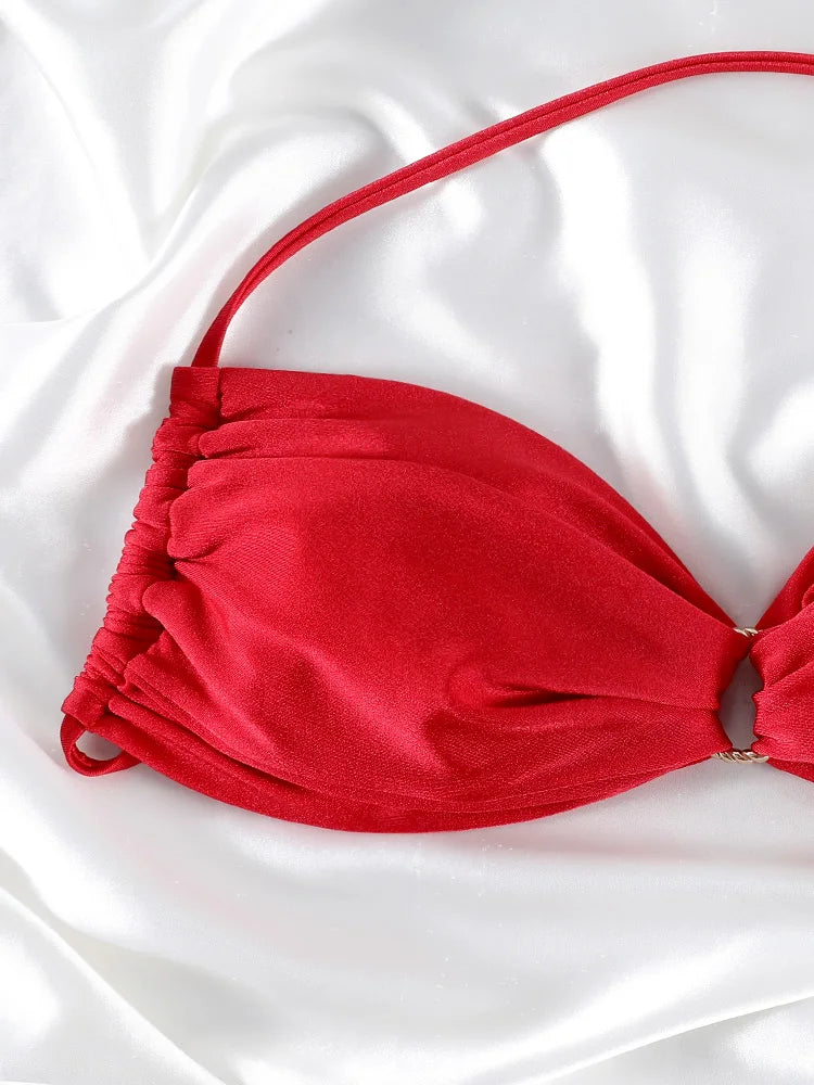 Solid Color Bikinis Push Up Swimwear Women Halter Bikini Set Shiny Swimsuit Push Up Bathing Suits Bandage Beachwear Thong