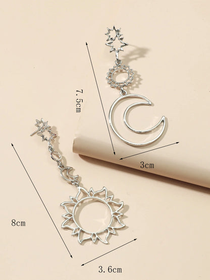European and American Fashion Personality Ethnic Style Geometric Hollow Asymmetric Earrings Retro Cool Wind Sun Moon Earrings