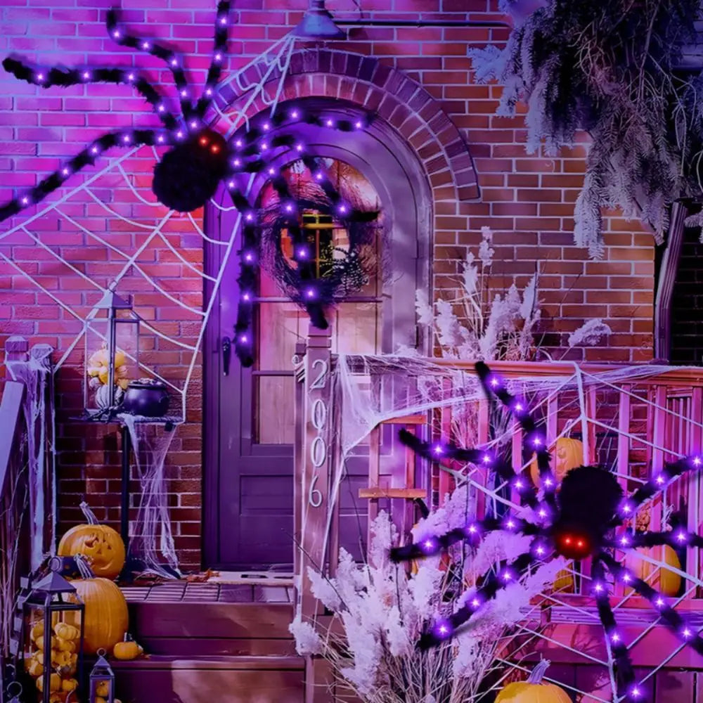 8 Modes Halloween Spider Web Lights Glow Waterproof LED Spider Net Triangle Hanging Scary Giant Spider Party