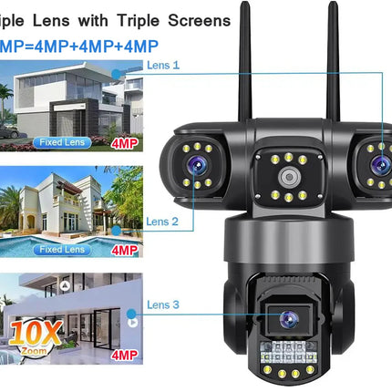 V380 Pro WiFi IP Camera Outdoor 12MP 6K Triple Lenses Triple Screens Security Video Monitor Night Vision Waterproof CCTV Cameras