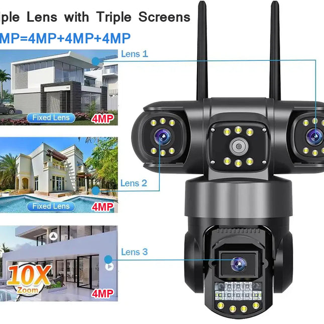 V380 Pro WiFi IP Camera Outdoor 12MP 6K Triple Lenses Triple Screens Security Video Monitor Night Vision Waterproof CCTV Cameras