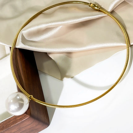 Peri'sbox Simple Imitation Pearl Globular Pendant Necklace for Women Stainless Steel Gold Plated Non-fade Hip-Hop Trendy Jewelry