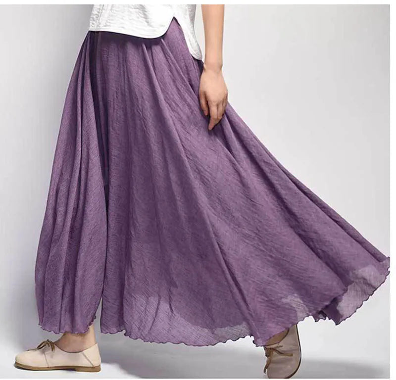 Women's Elegant High Waist Linen Maxi Skirt 2023 Summer Ladies Casual Elastic Waist 2 Layers Skirts saia feminina 20 Colors SK53