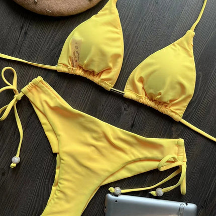 2025 New Sexy Triangle Bathing Suit for Women Brazilian Bikinis Halter Swimwear Push Up Swimsuit Metal Chain Beach Bikini Set