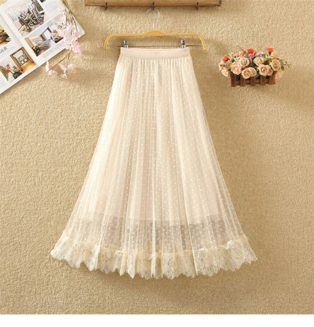 Tutu Tulle Long Maxi Skirt Women Fashion 2023 Korean Cute Pink High Waist Pleated Skirt Mesh Female Lady Aesthetic Faldas