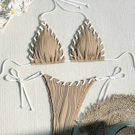 2025 Halter Wrinkled Weave Bikini Women Swimwear Female Swimsuit Two Pieces Bikini Set Brazilian Bathing Suit Swim Beach Wear