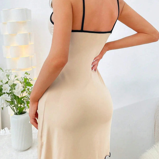 Womens Cute Little Bear Print Cami Nightgown Spaghetti Strap Sleep Dress Mini Lettuce Hem Contrast Trim Loungewear Y2K Style