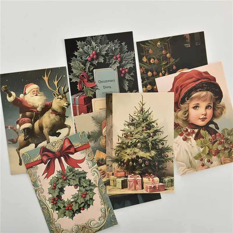 10Pcs Retro Christmas Cards Cartoon Postcards Message Greeting Card 4x6" Gift Wish Card Atmosphere Decorative Card With Stickers