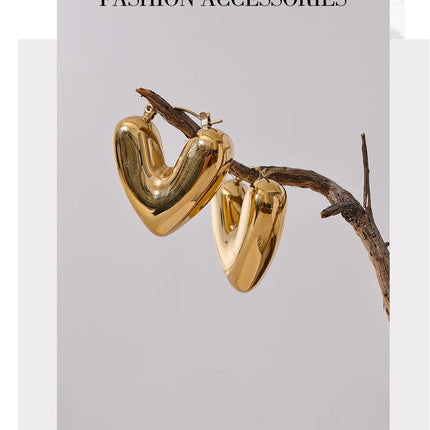 Yhpup Fat Fashion Stainless Steel Heart Chunky Hoop Earrings Charm Metal Texture Rust Proof Versatile Jewelry серьги тренд