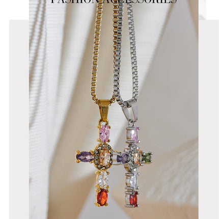 Yhpup Delicate Colorful Bling Cubic Zirconia Cross Pendant Stainless Steel Luxury Necklace High-Grade Fashion Shiny Jewelry Gift