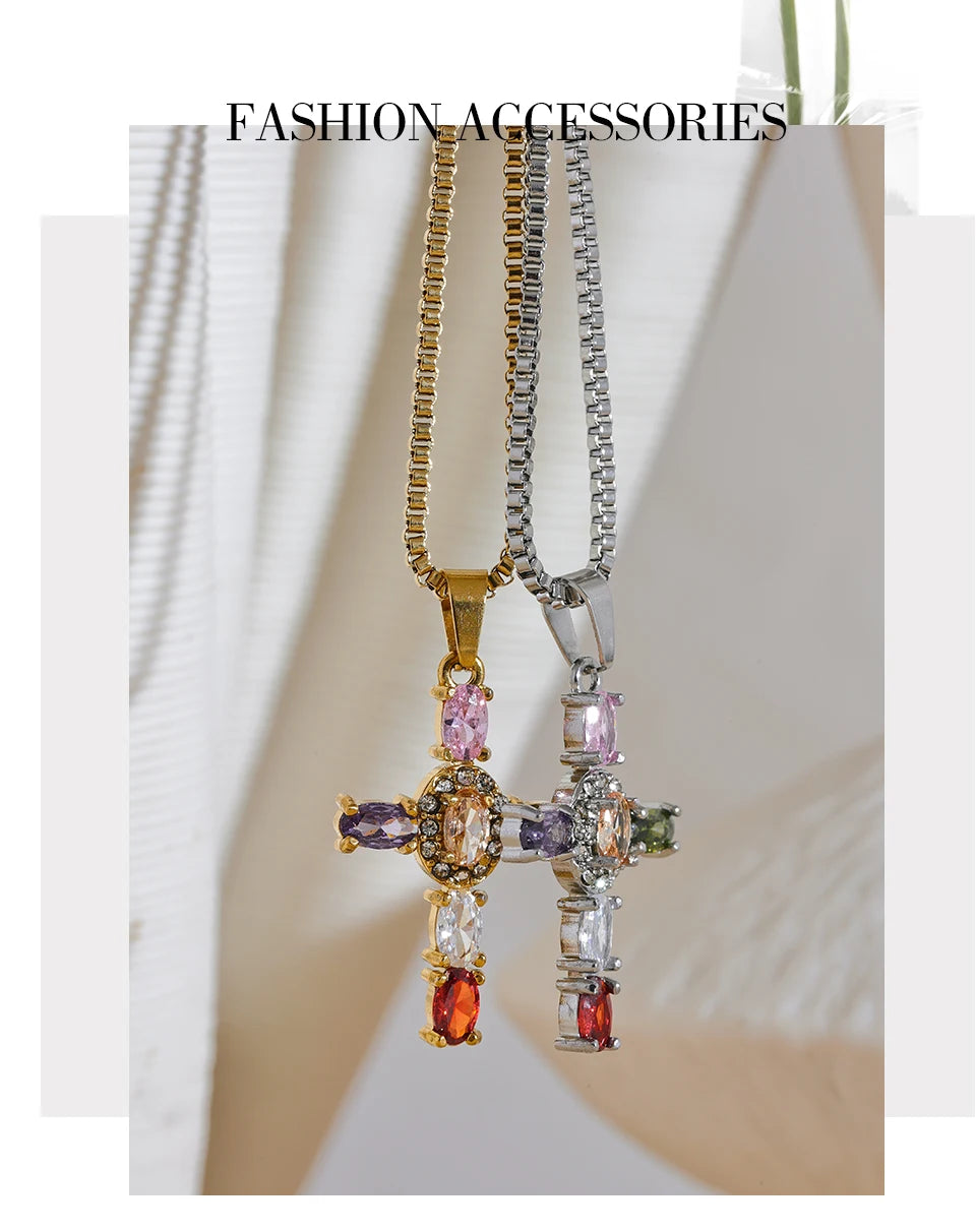 Yhpup Delicate Colorful Bling Cubic Zirconia Cross Pendant Stainless Steel Luxury Necklace High-Grade Fashion Shiny Jewelry Gift