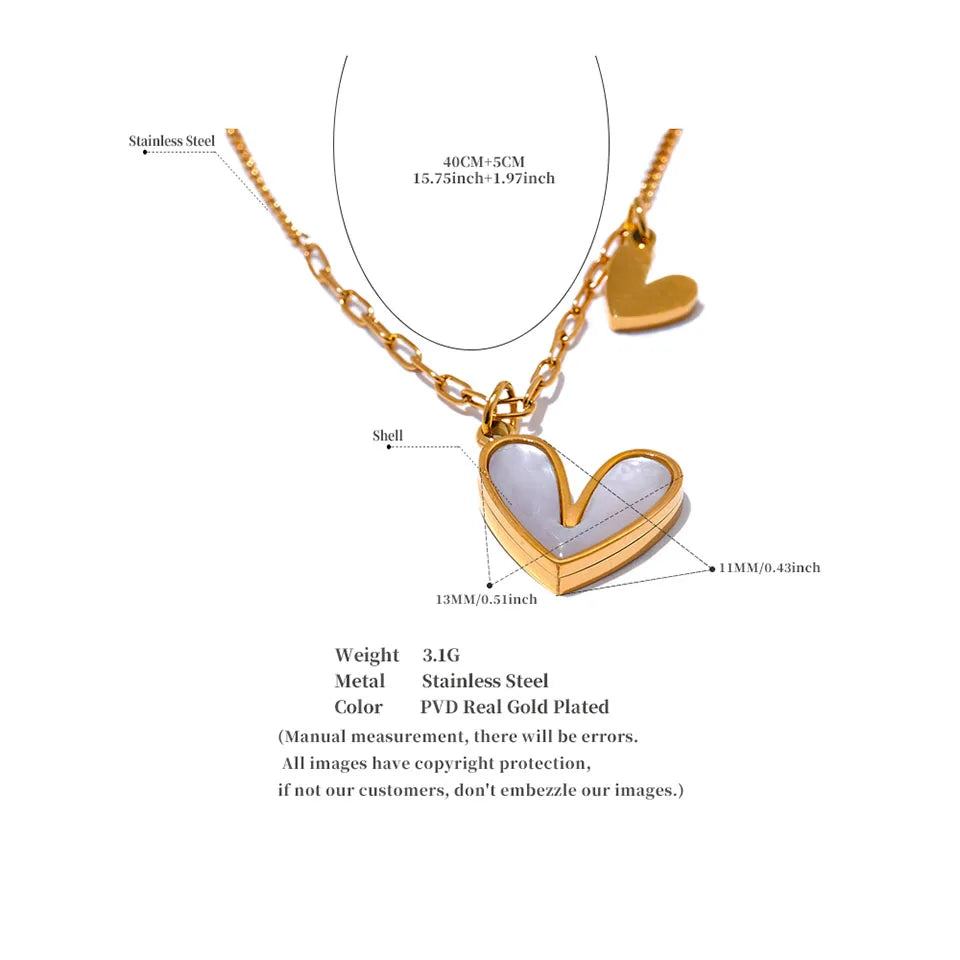 Yhpup Red Enamel White Natural Shell Stainless Steel Heart Pendant Necklace Trendy Exquisite Jewelry Attractive Accessories