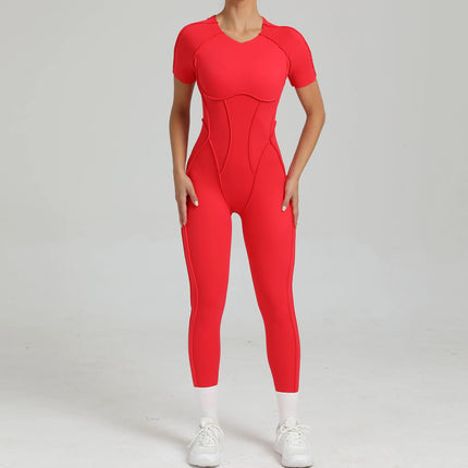 Women's One-Piece Suit Zipper Short Sleeve Gym Push Up Workout Clothes Fitness Short Bodysuit Sportswear Jumpsuits