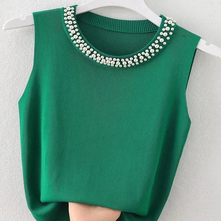 Korea Knitted Vests Women Top Solid Tank Blusas Mujer De Moda Summer New Fashion Female Sleeveless Beading Casual Thin Tops