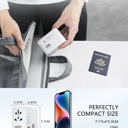 LENCENT 65W/100W GaN International Travel Adapter with 2USB 3 Type C GaN Fast Charging Adapter with EU AU US UK Plug for Travel