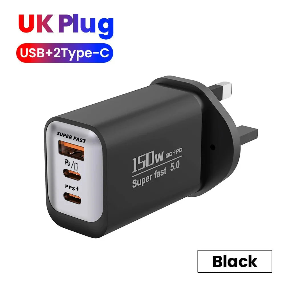 USB Type C 150W Charger USB QC3.0 Fast Charging Mobile Phone Charger Travel Adapter For iPhone 17 Samsung Xiaomi EU/UK/US Plug
