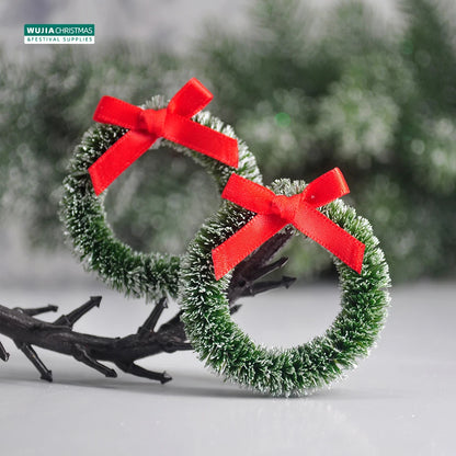 12pcs Christmas Wreath with Bow Xmas Tree Decor Mini Door Garland Hanging Ornaments DIY Dollhouse Pendant for Wedding Noel Party