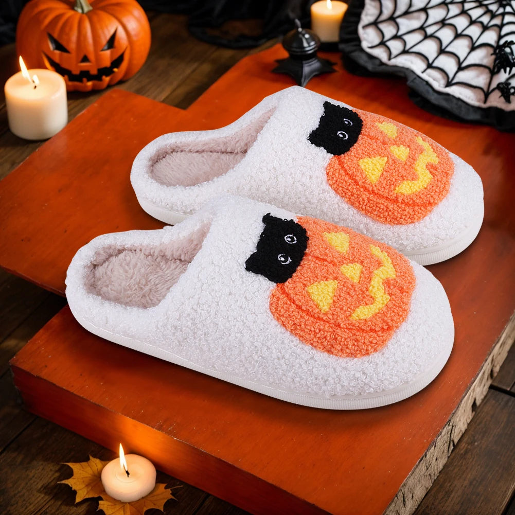 Halloween Pumpkin Cat Slippers Plush Closed Toe Slippers Flat Thermal Slippers Fuzzy Pumpkin Slippers for Outdoor Indoor Bedroom