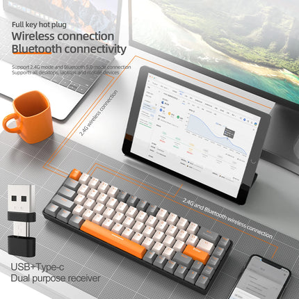 60% Wireless Mechanical Keyboard Bluetooth Dual Mode Hot-Swap Ziyoulang K68 Mini Keyboard 68-Key Red Switch for PC/IPhone iPad
