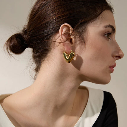 Yhpup Fat Fashion Stainless Steel Heart Chunky Hoop Earrings Charm Metal Texture Rust Proof Versatile Jewelry серьги тренд