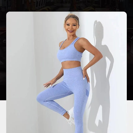Yoga Basic 2pcs Seamless High Stretch Yoga Set Tracksuit Gym Set Crisscross Back Cami Hip-hugging Tummy Control Leggings