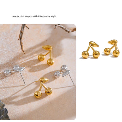 Yhpup 316L Stainless Steel Metal Chic Cherry Golden Stud Earrings Water Resistant Charm Fashion Jewelry 18K PVD Plated Wholesale