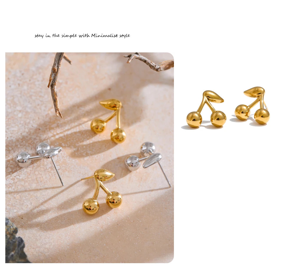 Yhpup 316L Stainless Steel Metal Chic Cherry Golden Stud Earrings Water Resistant Charm Fashion Jewelry 18K PVD Plated Wholesale