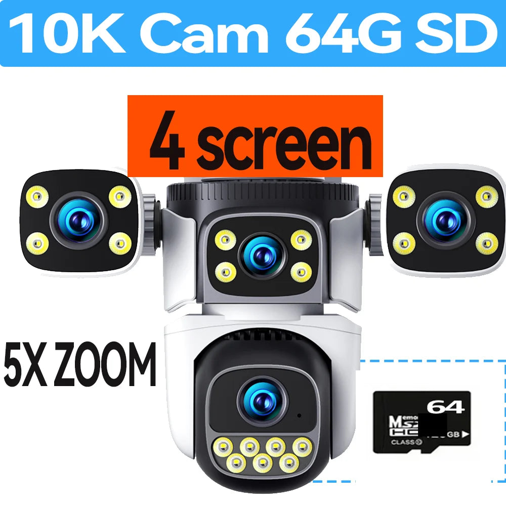 10K 20MP Four Screen Outdoor WiFi Cam PTZ 5X Zoom Night Vision Four Lens 10K Wireless CCTV Surveillance Cam Security Protection