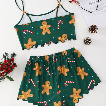 Women's 2pcs Cute Soft Comfy Christmas Set Cartoon  Print Strap Top Santa Claus Shorts Home Suit Sexy Pajamas