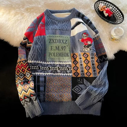 Christmas Sweater Men's Winter Loose-fit Casual Style Knitted Top Jacket American Vintage Fleece-lined Thickened Line Clothes