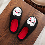 A Pair of Black Halloween Horror Mask Skull Pattern Embroider Plush Home Thick-Soled Comfortable Fur Slippers Personalized Warm Non-Slip Indoor Slippers Autumn and Winter Gifts for Men and Women Can Wear