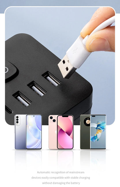 7-in-1 EU Power Strip, Power Strip Surge Protector, 3 AC Outlets 3 USB 1 Type-C, Desktop Charging Station With Overload Protecti
