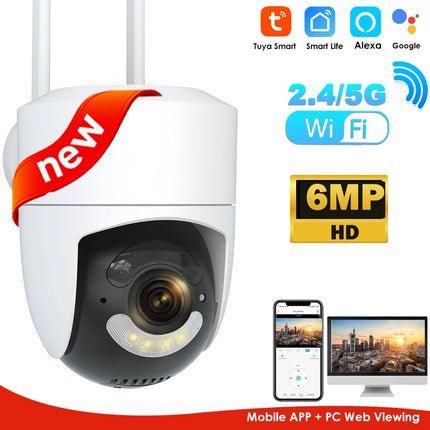 6MP Tuya WiFi Camera Outdoor 2.4G/5G Wifi Surveillance Camera Security Protection CCTV Smartlife Onvif  Alexa Google Video Cam