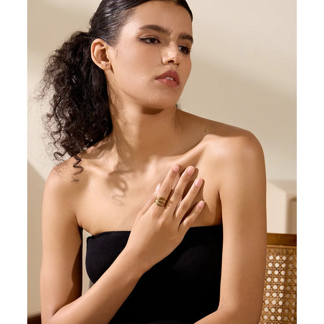 Yhpup Stainless Steel Geometric Hollow Layered Wide Ring Metal Texture Waterproof Daily Simple Stylish Golden Jewelry for Women